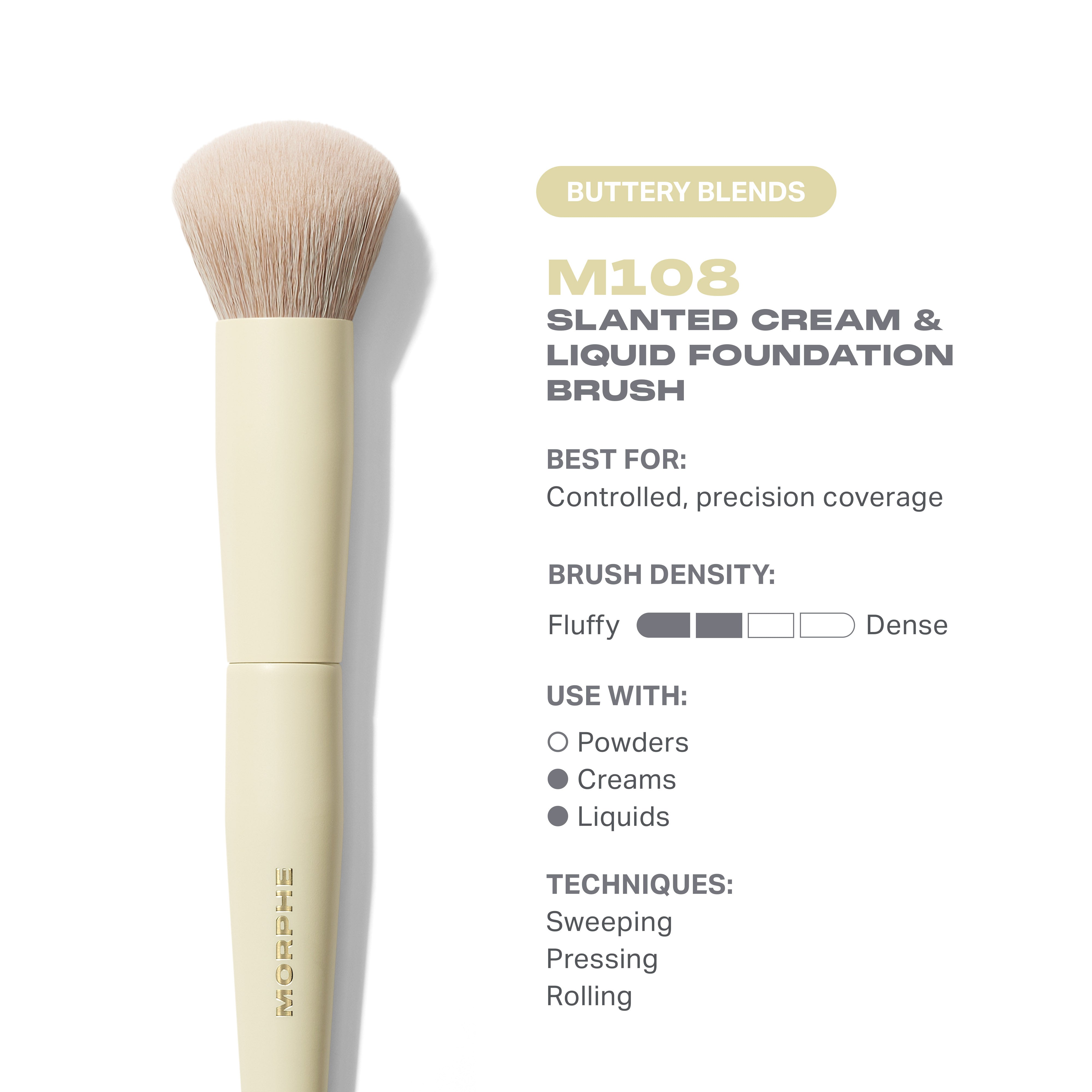 Morphe Face Brushes Buttery Blends M108 Slanted Foundation Brush pinceau fond de teint, jaune beurre
