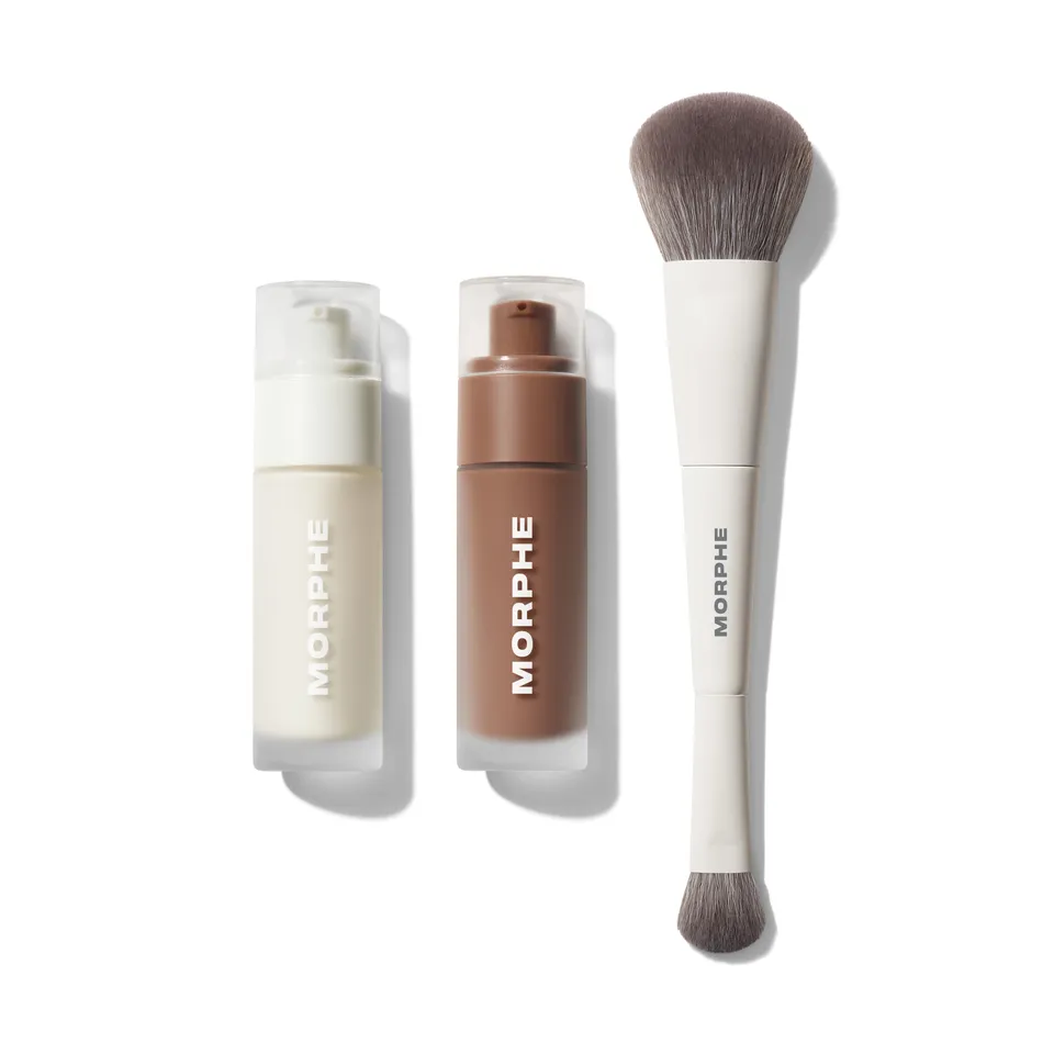 Morphe Cheek Complexion Boost Bronze & Glow Bundle coffret sérums bronzant et glow, pinceau double embout